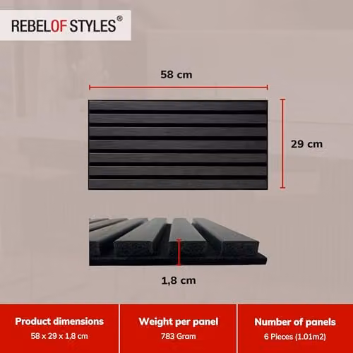 Wallsupply UltrAcoustic Eco Tile Wood Effect Acoustic Slat Wall Panels, Anthracite Grey, 6pcs, W: 29 cm, H: 58 cm – 4