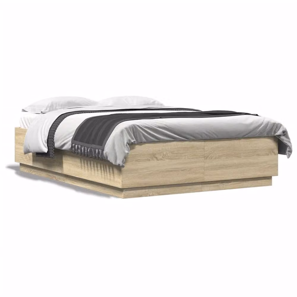 Berkfield Home Modern Bed Frame with LED Lighting and USB Charging Port in Sonoma Oak, Light Brown, W: 140 cm, D: 200 cm – 3