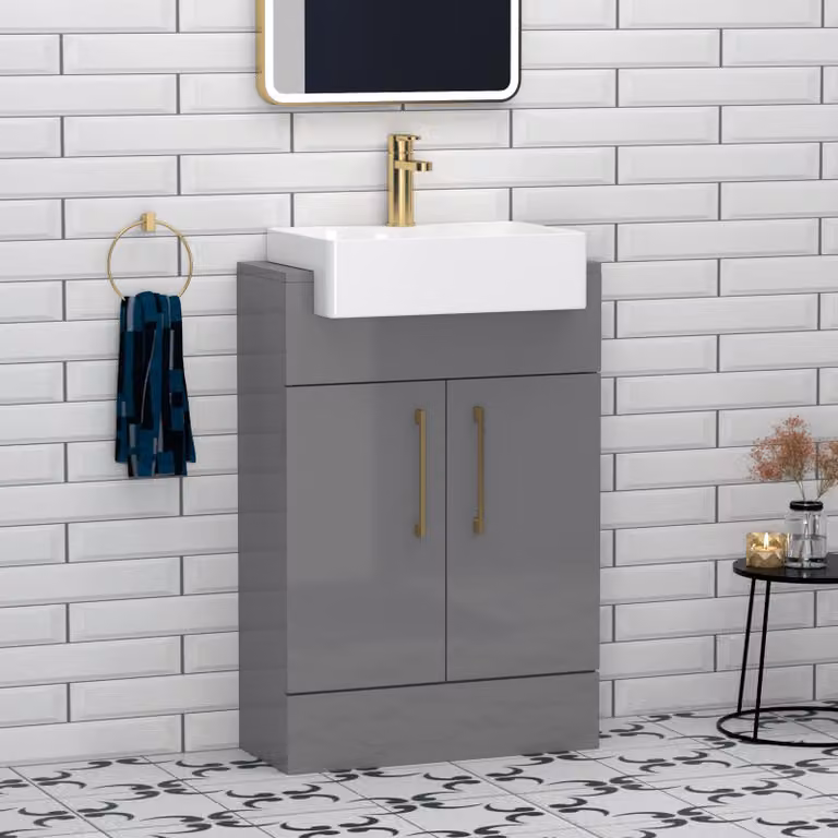 Royal Bathrooms Elena 600mm Indigo Grey Gloss Floor Standing Vanity Unit with 2 Doors, Brushed Brass Handle and Semi Recessed Basin