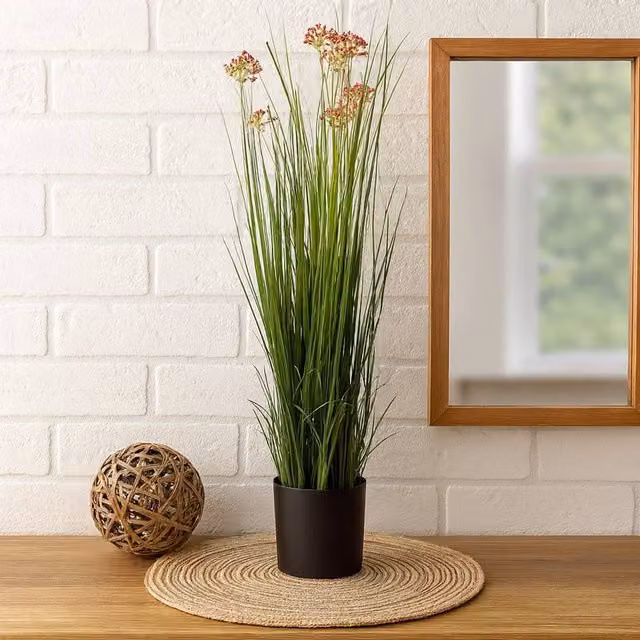 Voltico Artificial Onion Grass in a Black Tabletop Pot, Dark Green – 1