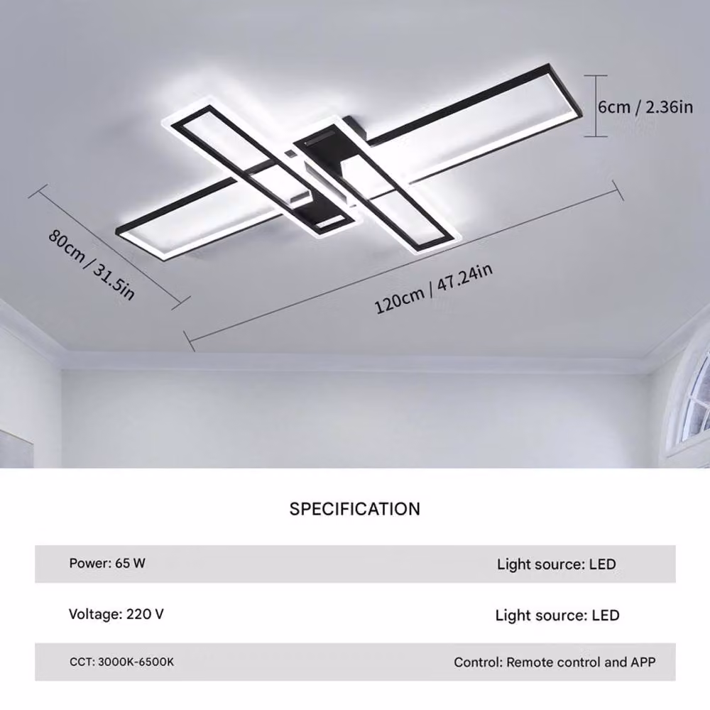 COMELY 65W Modern LED Ceiling Light in Black with Cool White Light, W: 120 cm – 3