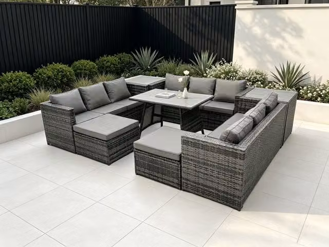 Fimous 11 Seater Dark Grey PE Rattan Outdoor Lounge and Dining Set with Dining Table and Side Table – 1