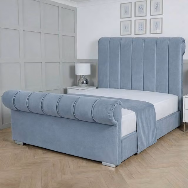 Living Comfort Bedz Orion Upholstered Gas Lift Storage Bed with 48 Inch Headboard in Light Blue, Size: King (180 x 200 cm)