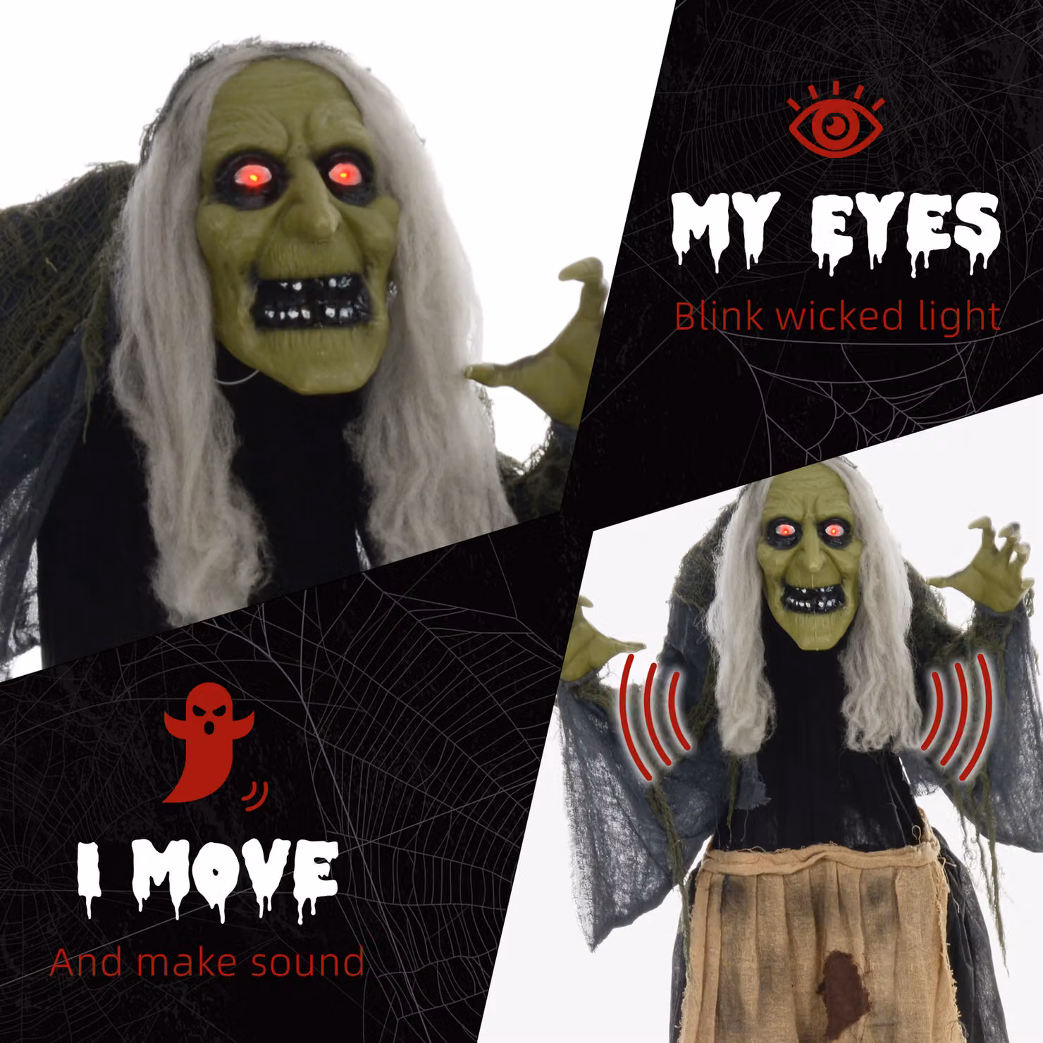 HOMCOM Hunchback Witch Halloween Animatronic with Glowing Eyes in Red and Multicolour – 4