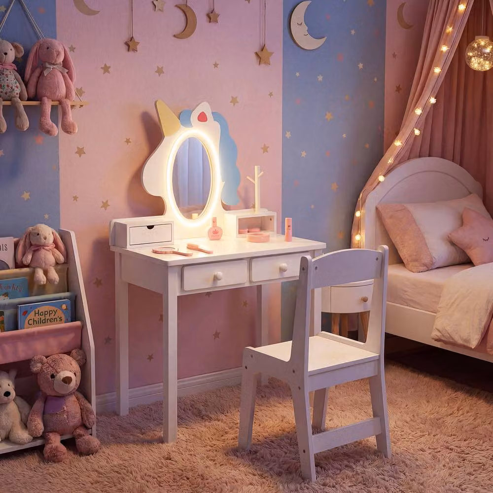CASART Kids Vanity Set with Lighted Unicorn Mirror 2-in-1 Toddler Makeup Desk in White – 4