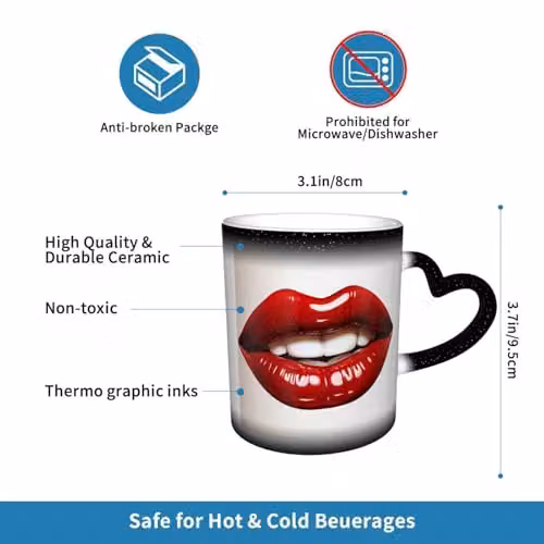 Oudrspo Heat Sensitive Red Lips Graphic Coffee Mug, Black Ceramic Tea Cup, 12 oz – 4