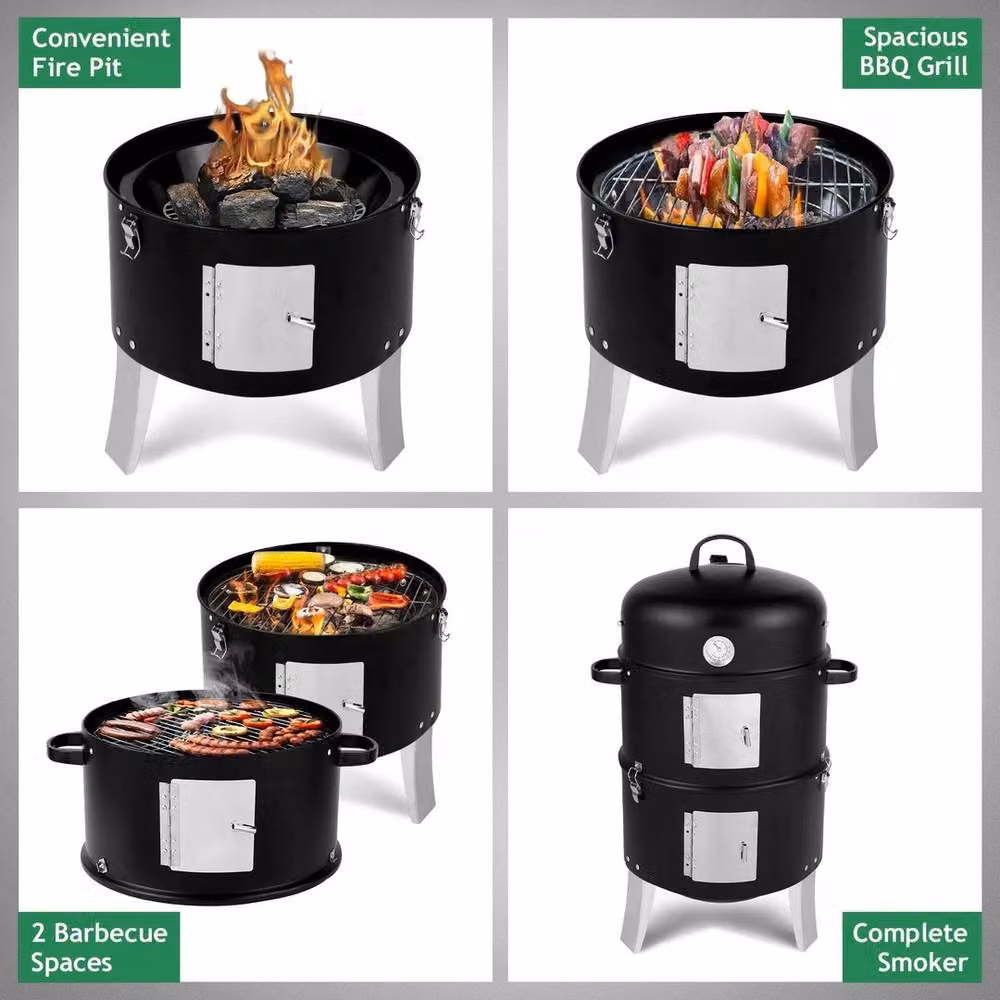 FLAVORA 3-in-1 Vertical Portable Charcoal Smoker Grill, Black Steel Column Design – 5