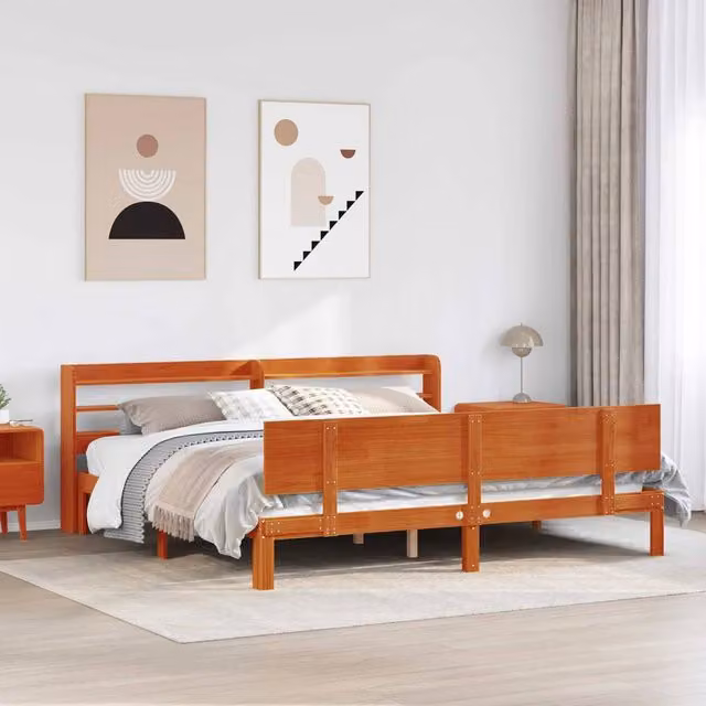 Berkfield Home 2-Piece Bed Frame with Headboard and Bedside Shelves in Wax Brown Solid Pine Wood – 1