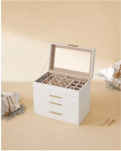 SONGMICS 4-Tier Jewellery Box Organiser with Glass Lid, White and Gold