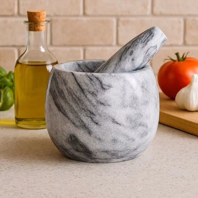 Orsina Salerno Grey Marble Round Clean Sided Mortar and Pestle