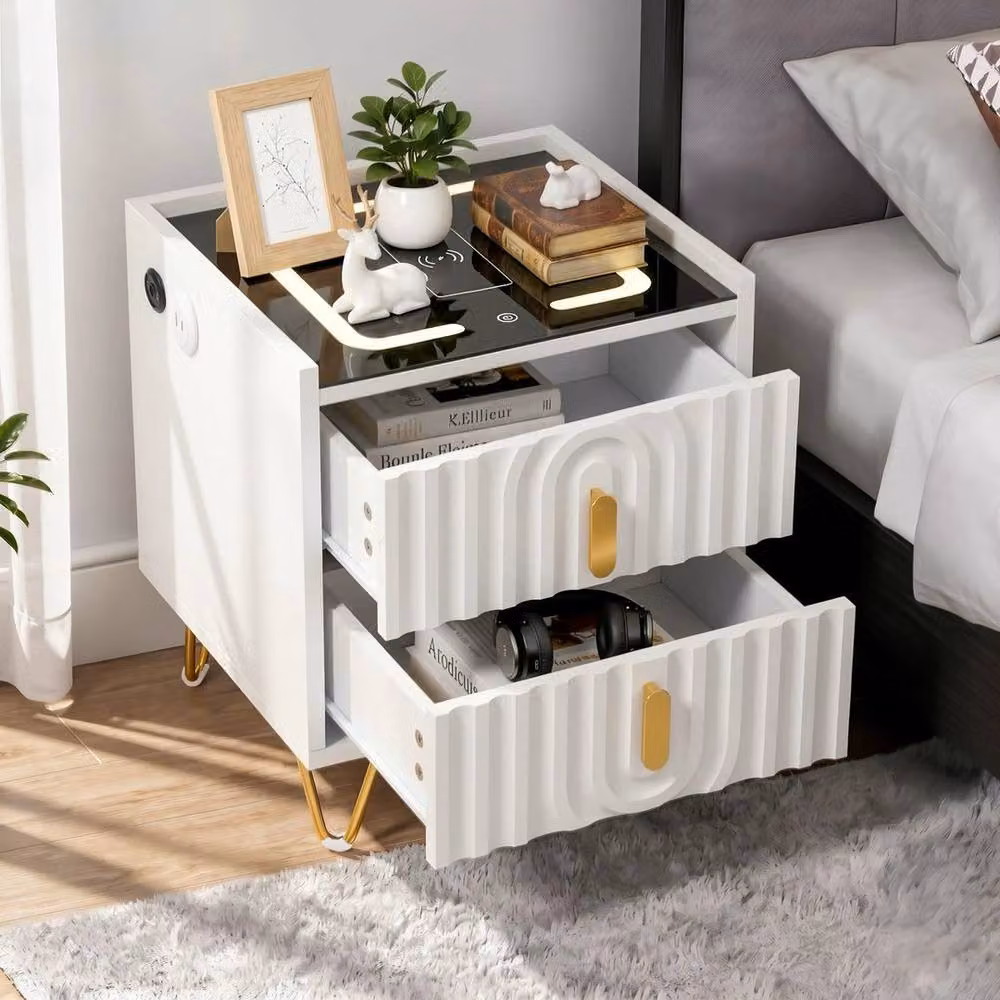 EONLION Modern White Glossy Bedside Table with Integrated Lighting and 2 Drawers, Width: 100 cm – 4