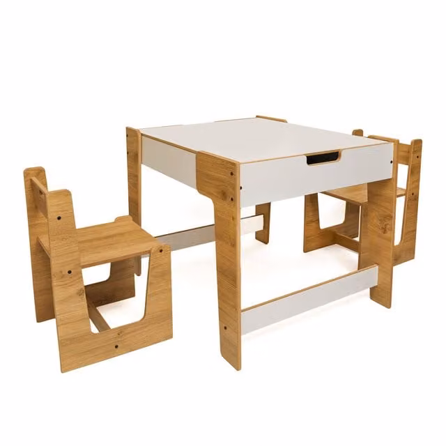 Minera Scandinavian Childrens Wood Play Table and Chair Set in White and Yellow