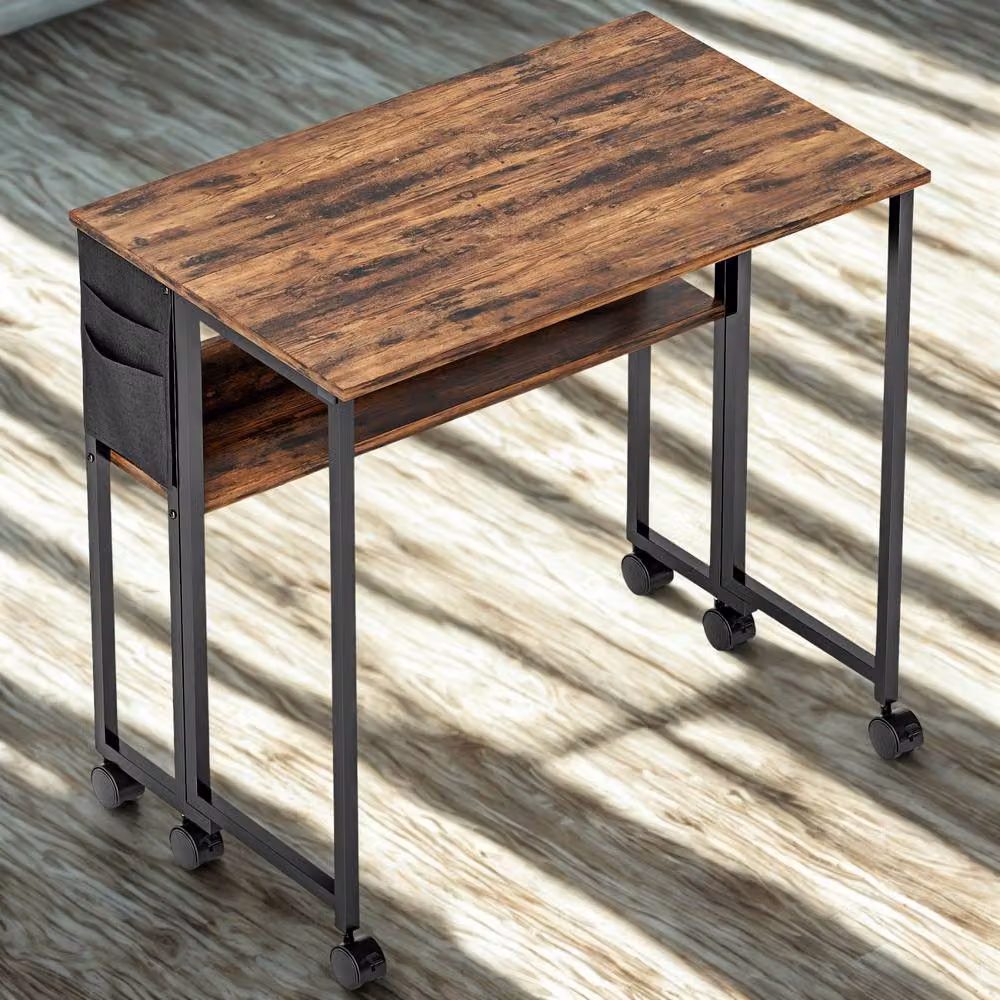 FURNOS Industrial Drop Leaf Extendable Computer Writing Desk with Wheels, Brown – 4
