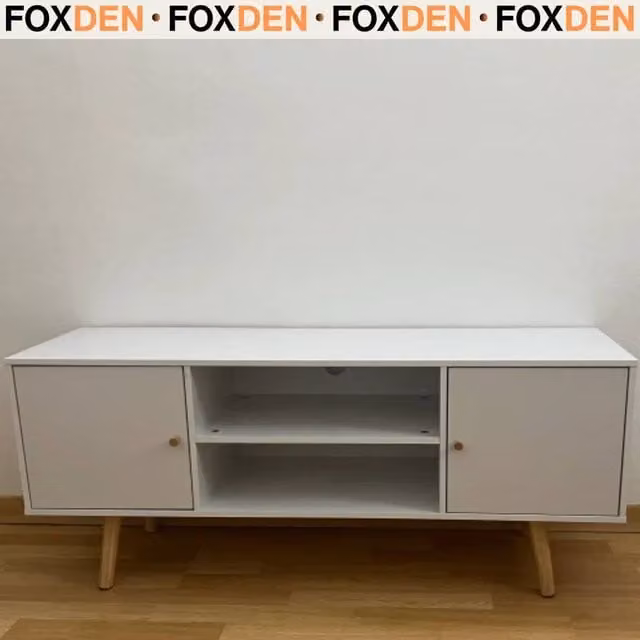 Hinsinc White Minimalist TV Unit with Doors, Shelves and Wooden Legs, W: 120 cm, D: 50 cm, H: 40 cm
