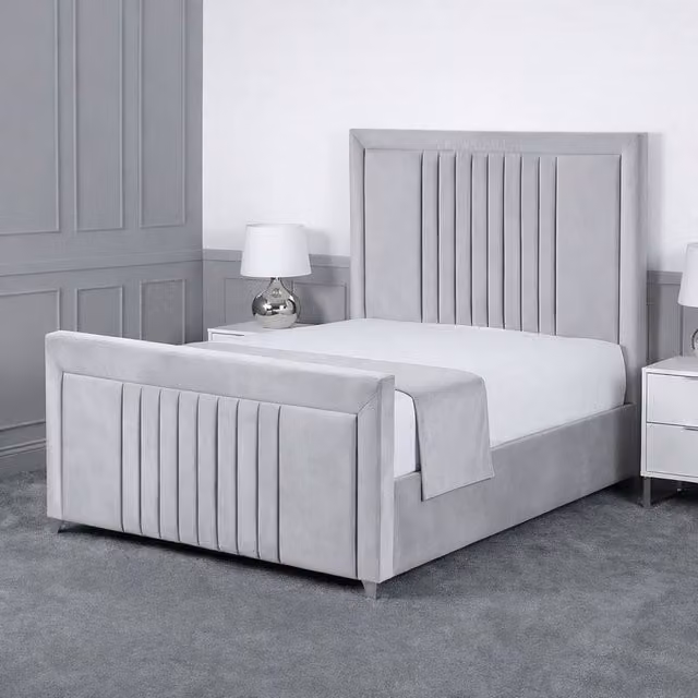 Living Comfort Bedz Celeste King Size Plush Velvet Upholstered Bed with Slatted Base and 48 Inch Headboard in Silver