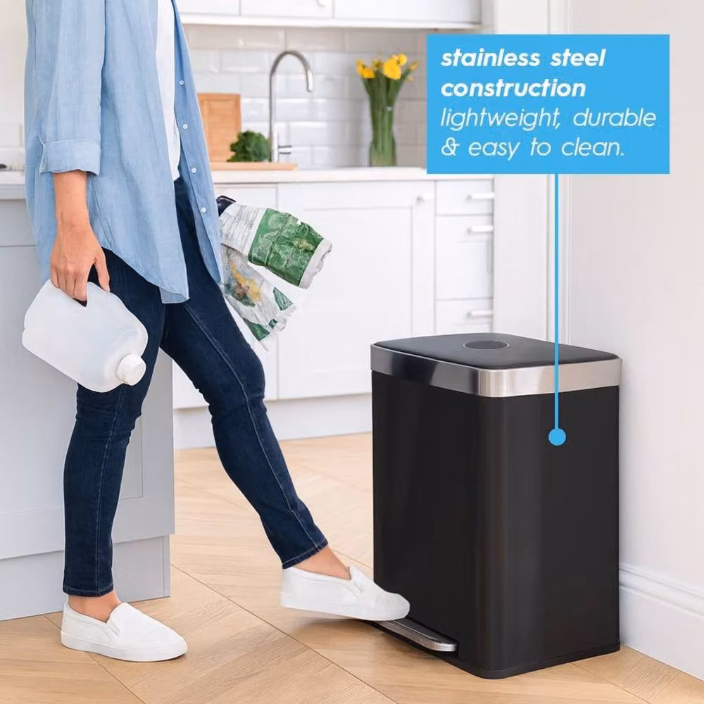 VOGREX 60L Matt Black Stainless Steel Double Pedal Recycling Bin – 1
