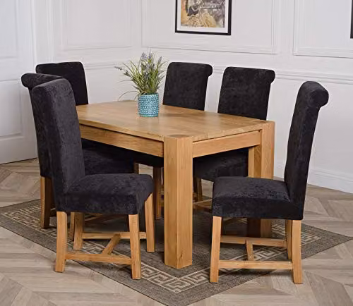 Oak Furniture King Kuba 6 Seater Solid Oak Dining Set with Black Fabric Washington Upholstered Chairs, Natural Finish, W: 150 cm, D: 85 cm – 3