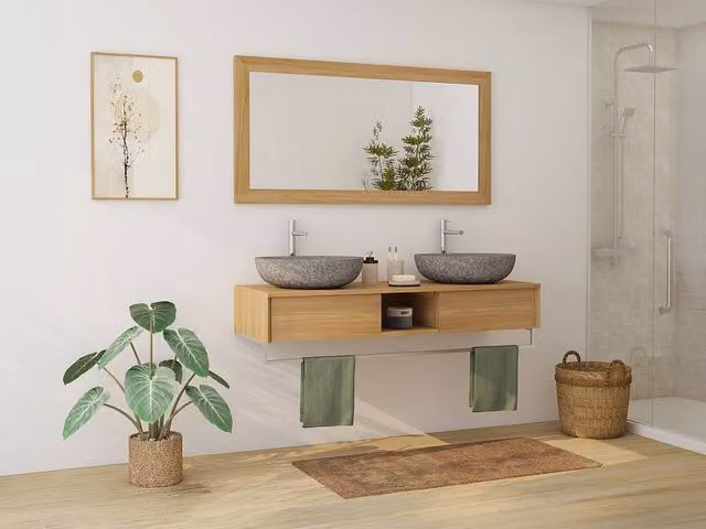 Vente-unique Kupang Suspended Teak Vanity Unit with Towel Rail in Light Oak Brown, Width: 140 cm