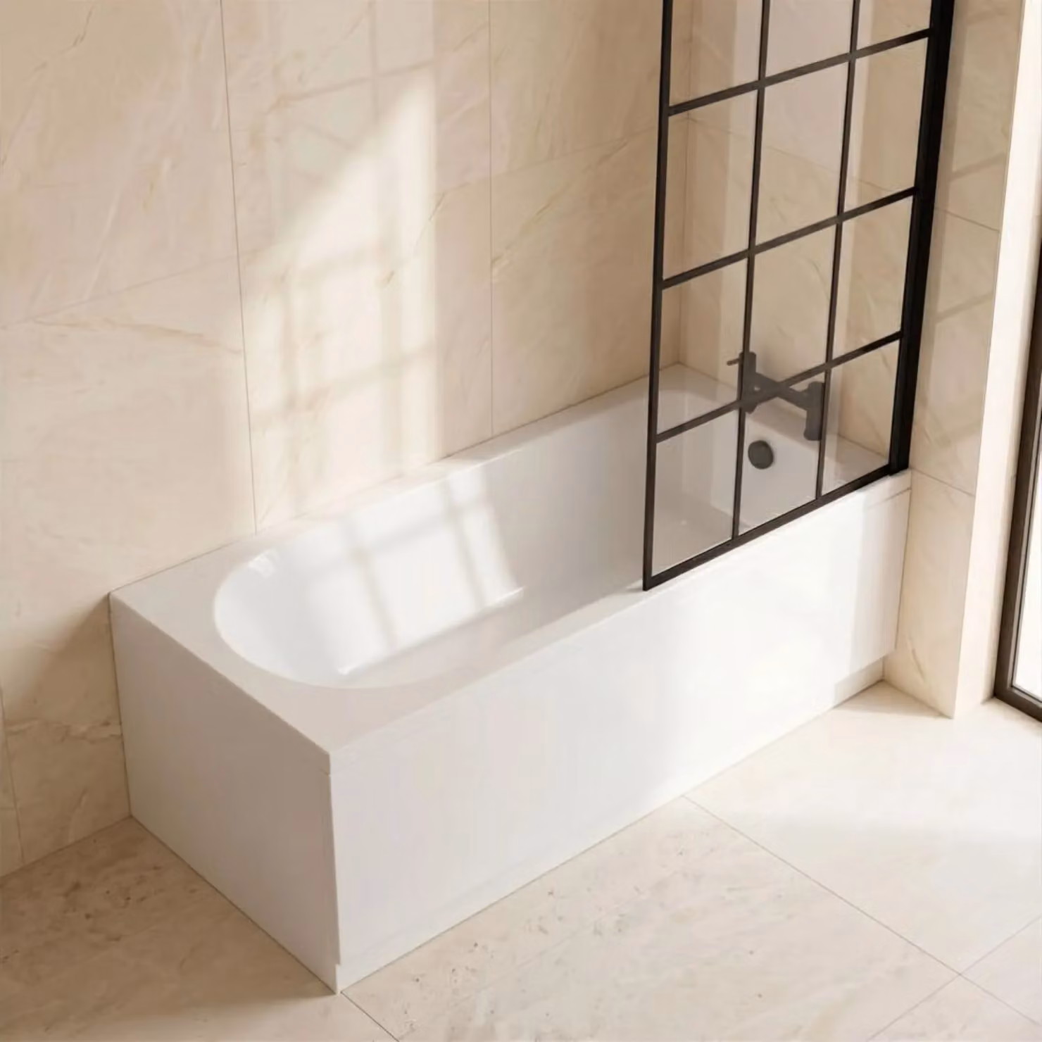 Balterley Round Floor Standing Bath Set with Black Square Screen in White, W/D/H: 170 x 70 x 2 cm – 3