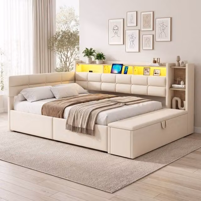STILVORA Double Upholstered Bed in Beige with LED Lighting, USB Charging Ports and Under-Bed Storage Drawers, W/D/H: 140 x 200 cm