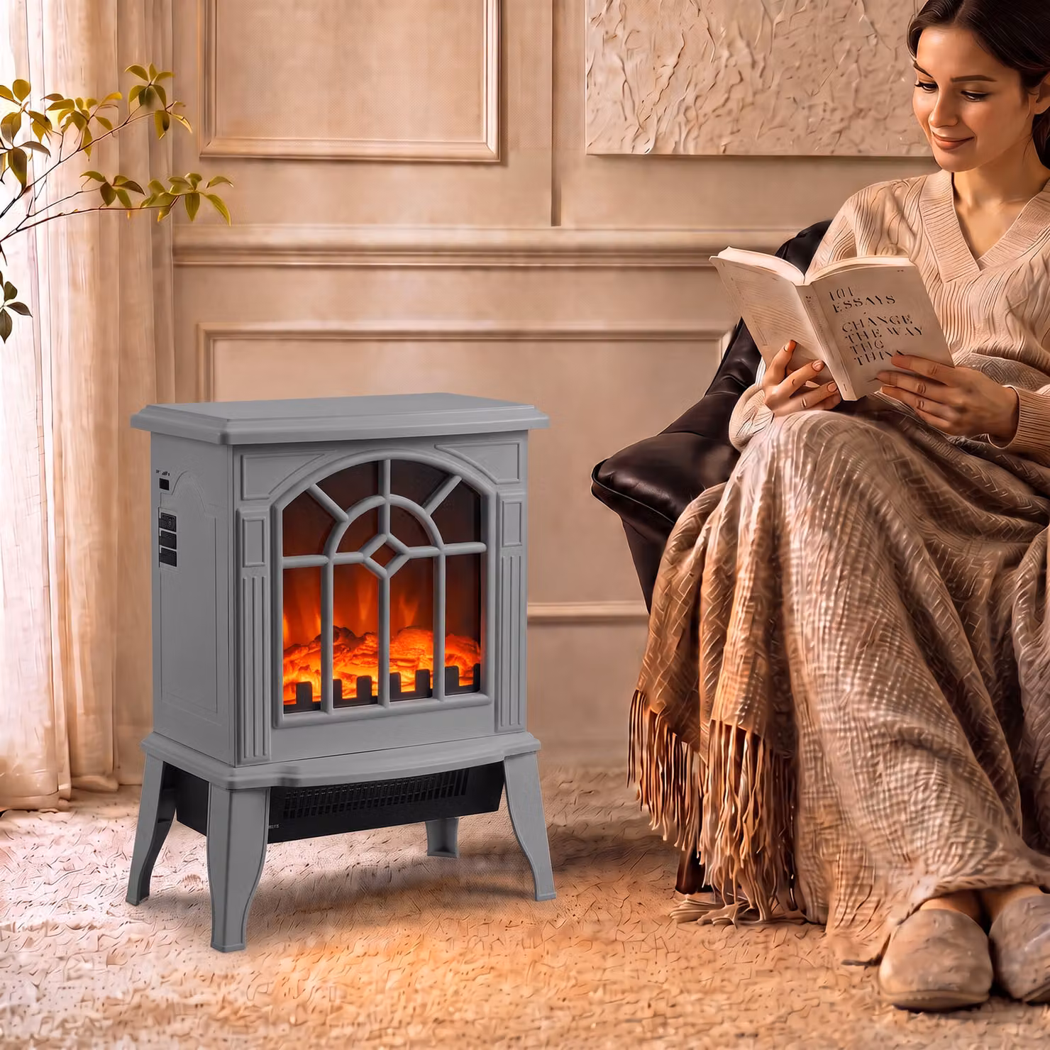 HOMCOM Freestanding Electric Fireplace with LED Flame Effect in Grey, 1000W/2000W – 2