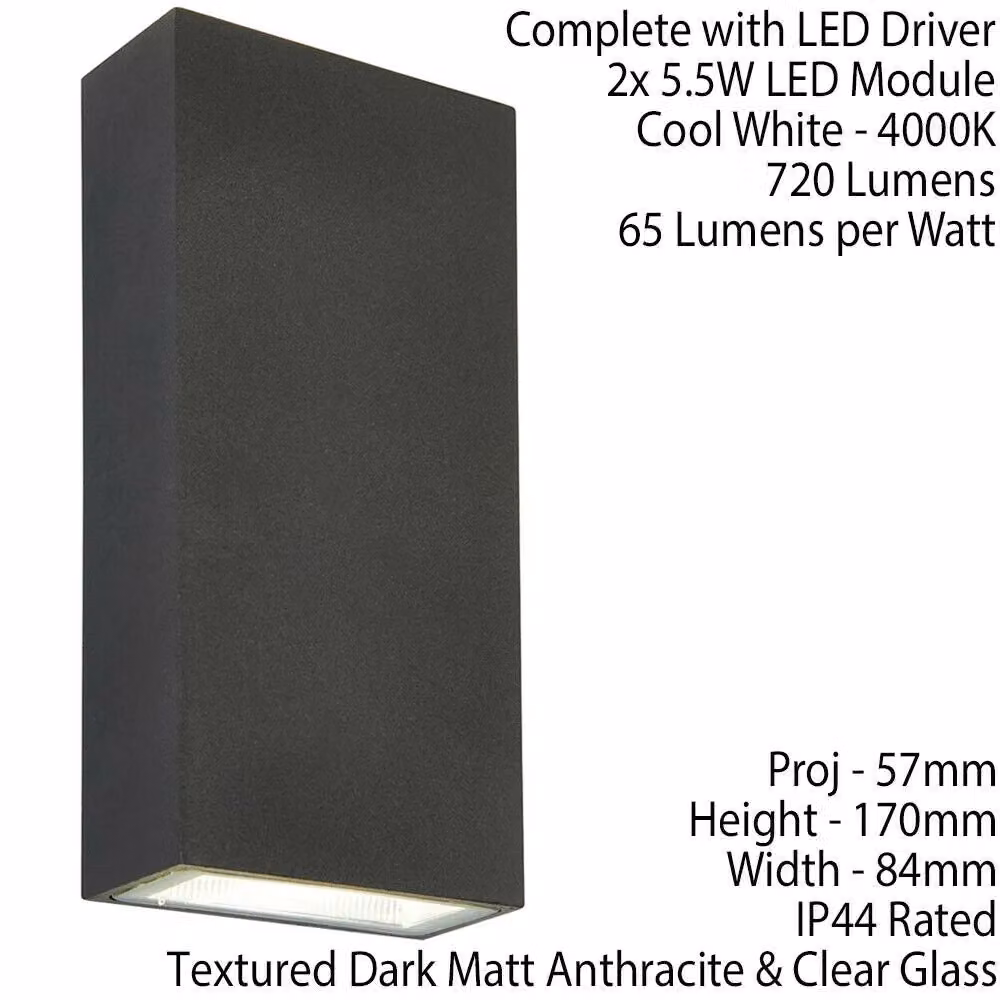 Loops IP44 Outdoor Up & Down LED Wall Light in Anthracite Grey with Cool White Accent – 2