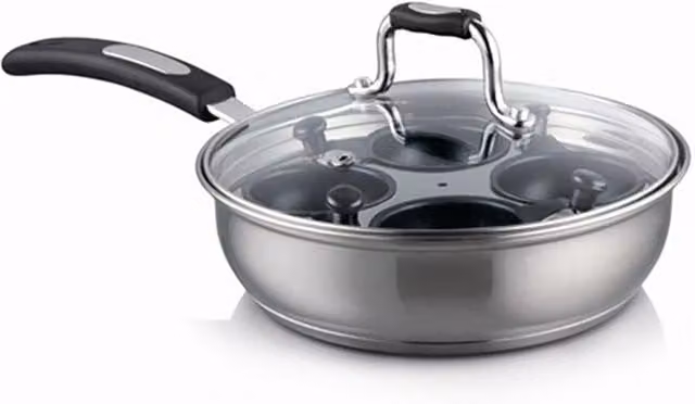 Baccarat 2-in-1 Stainless Steel 4 Cup Egg Poacher and Frying Pan with Glass Lid, Metallic Silver, Diameter: 20 cm – 1