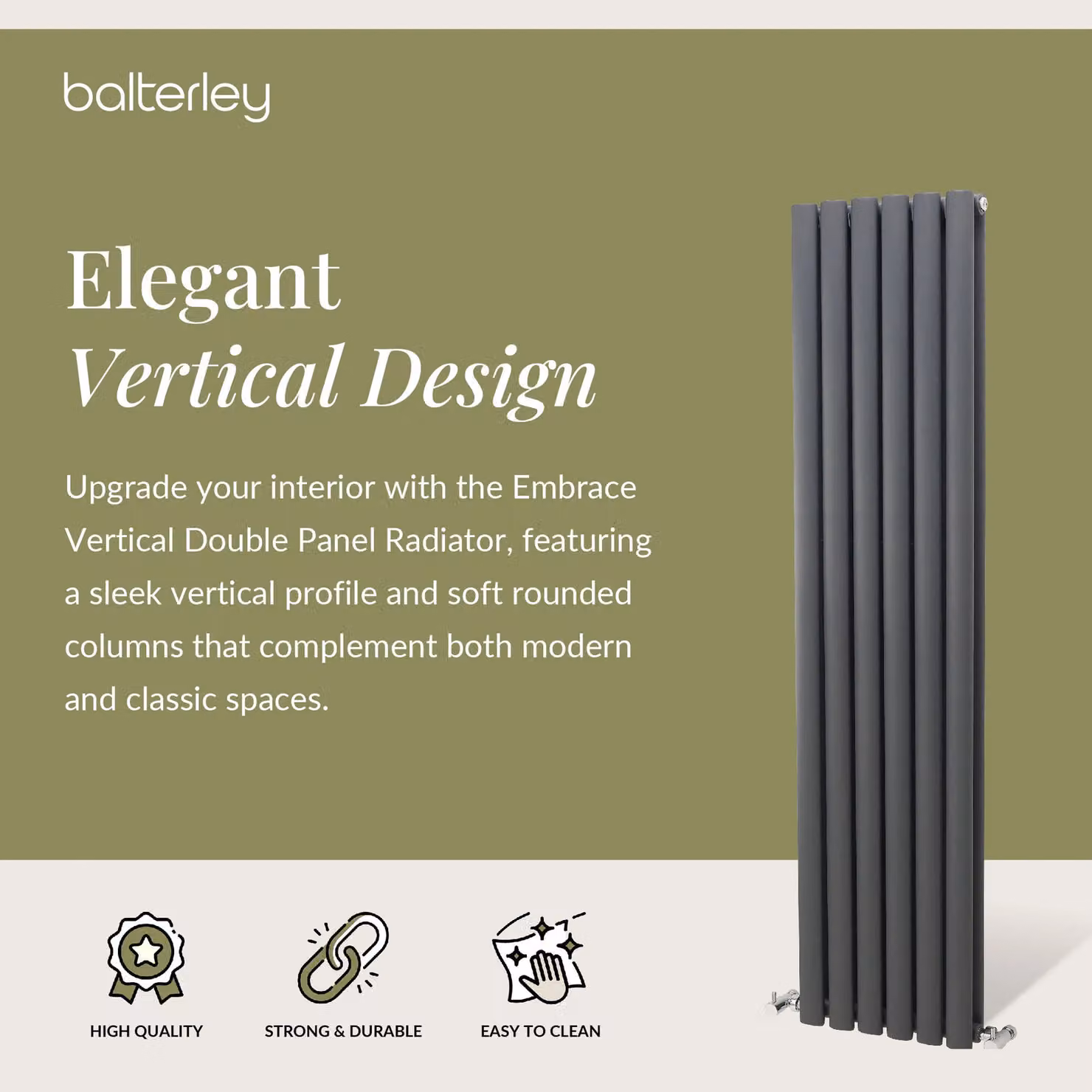 Balterley Embrace Vertical Double Panel Radiator, Anthracite Grey, H: 150 cm, W: 35.4 cm – 2