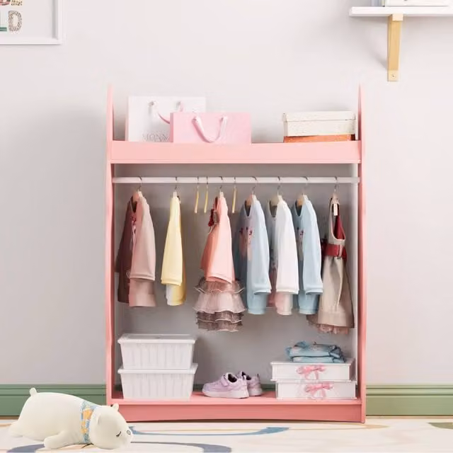 KEEPREAPER Modern Pink Kids Wardrobe with Mirror, Integrated Drawers and Open Storage Shelf