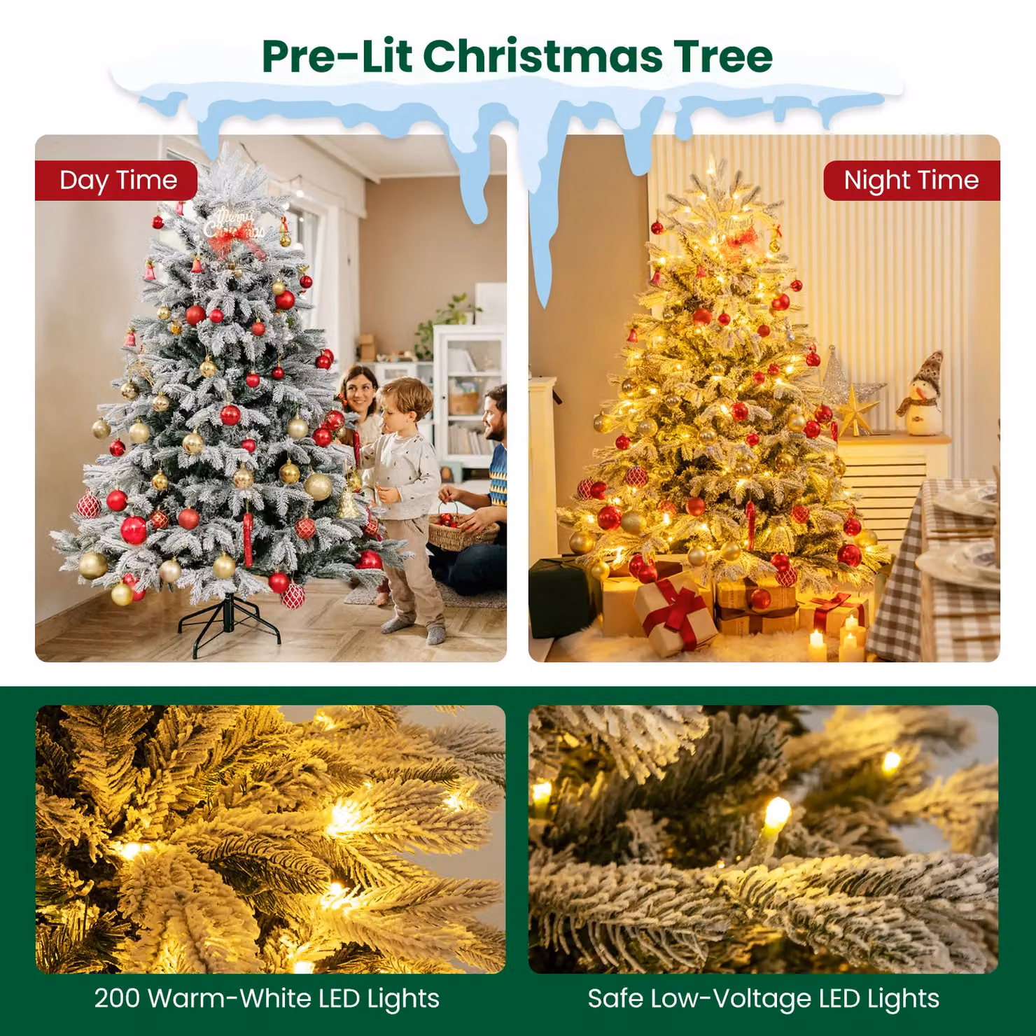 Gymax 146 cm Pre-Lit Flocked Christmas Tree with 688 Tips and 200 LED Lights in Green – 2