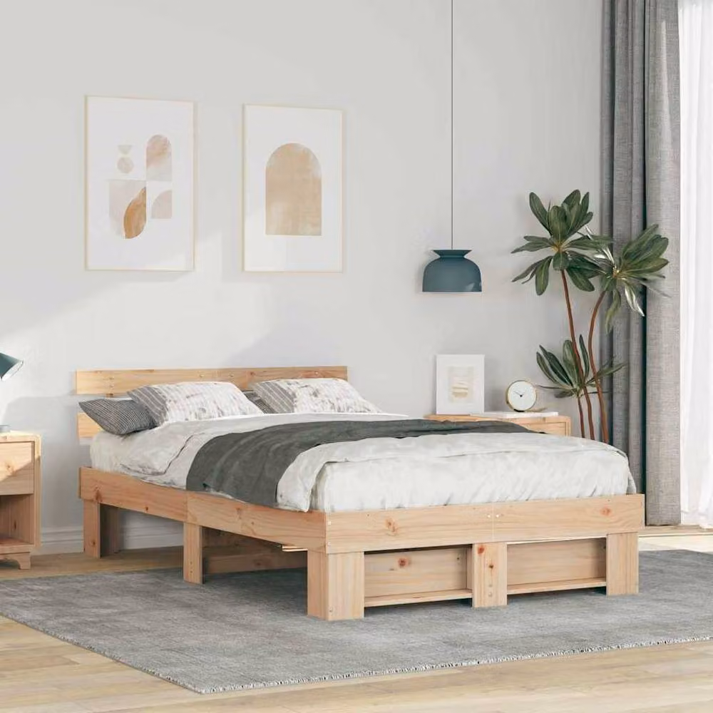 Berkfield Home Solid Pine Wood Bed Frame with Headboard in Brown, W/D/H: 135 x 190 x 73 cm – 2
