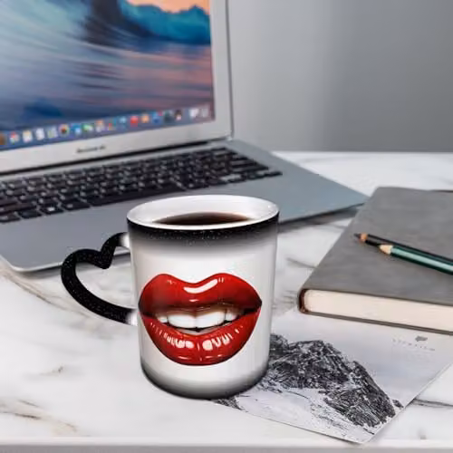 Oudrspo Red Lips Heat Sensitive Colour Changing Ceramic Coffee Mug, Black and Red, 12 oz – 2