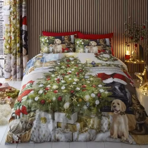 Fusion Christmas Dogs and Tree Duvet Cover Set with 2 Pillowcases, Multicolour, 200 x 200 cm