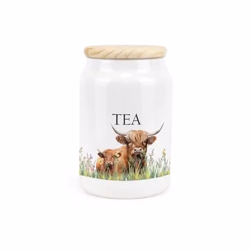 Purely Home Highland Cow Ceramic Tea Storage Canister with Wooden Lid, Brown and White, H 14.5 cm x W 9.5 cm