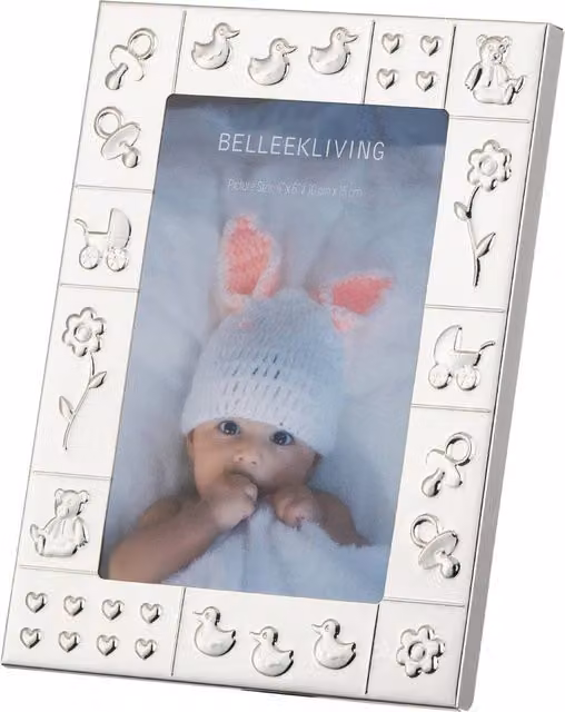 Belleek Living Cherish Single Baby Photo Frame in Silver Metal with Floral Design