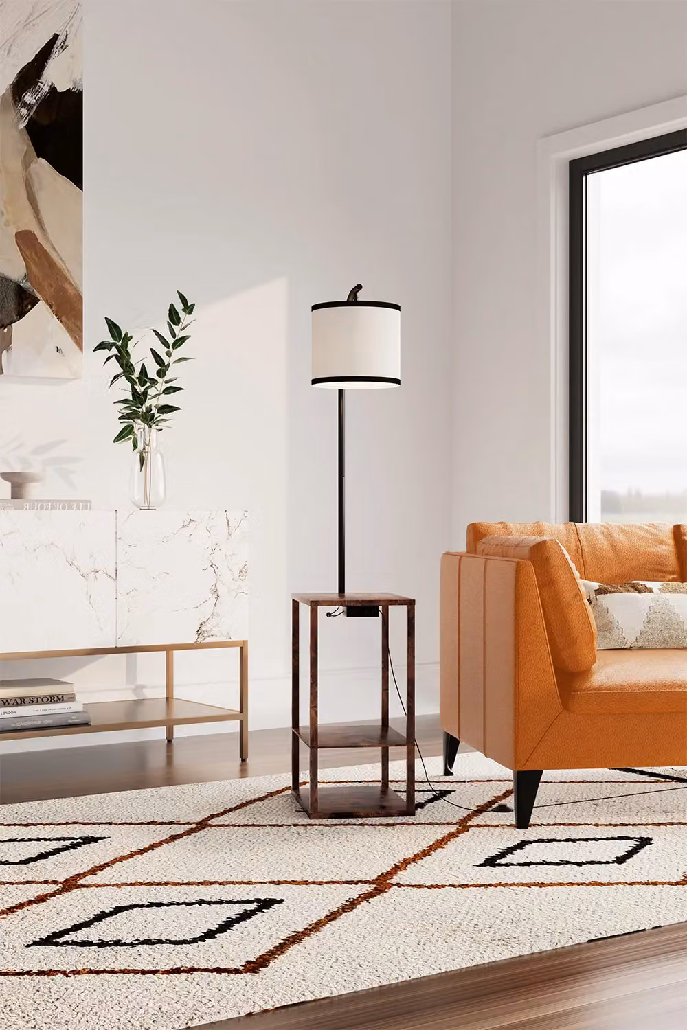 Living and Home Modern 2-in-1 Metal Floor Lamp and Side Table in Walnut and Black – 2