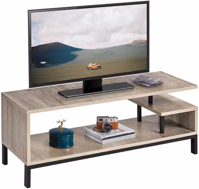 KORVIXA Grey Rustic Wood and Metal TV Stand Cabinet with Shelf, Width: 100 cm – 1