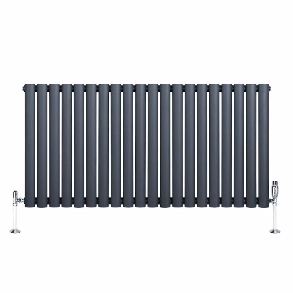 Monstershop Oval Single Column Steel Radiator and Valves with Thermostat Head, Anthracite Grey, H: 1200 mm, W: 60 mm – 2