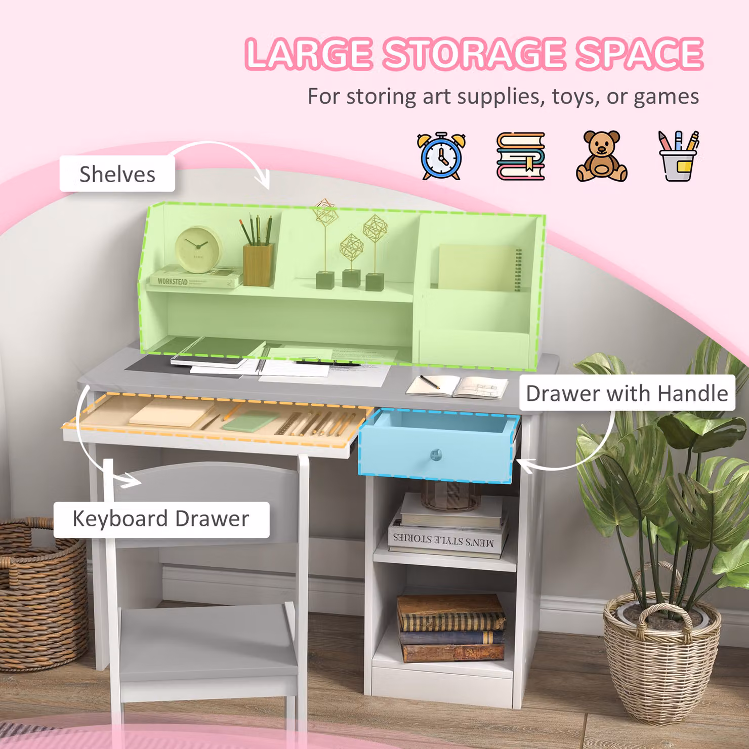 ZONEKIZ Kids Desk and Chair Set with Storage, Modern Wooden Study Table and Matching Chairs for Children, Grey – 2