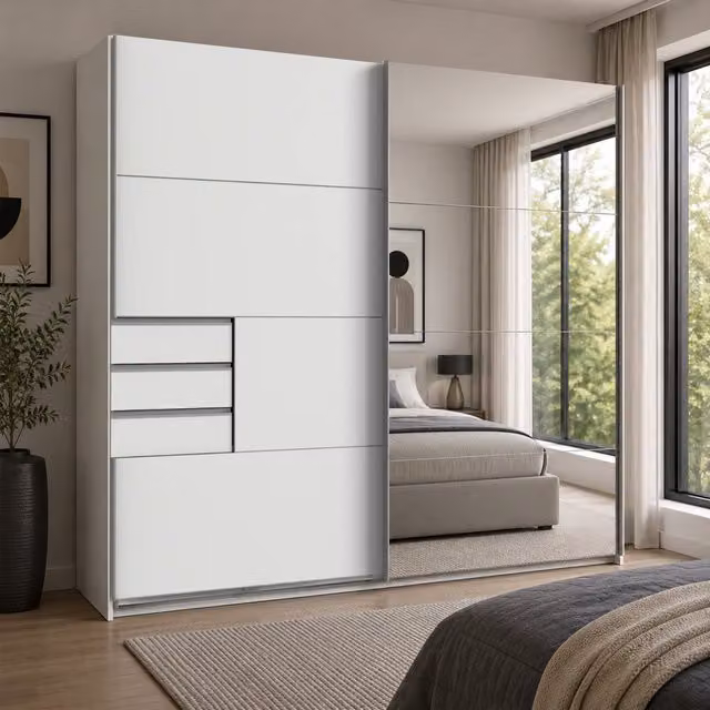 Saigon 225cm White Mirrored Sliding Wardrobe with Internal Shelves and Hanging Rod