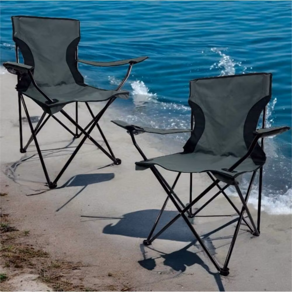 FORGEVIO Set of 2 Grey and Black Folding Camping Chairs with Armrests