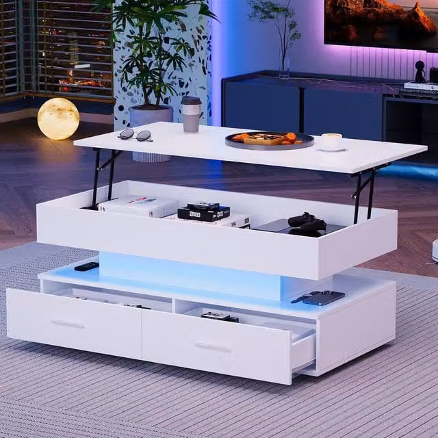 ModernLuxe White Hydraulic Lift Top Coffee Table with LED Light and 2 Drawers – 1