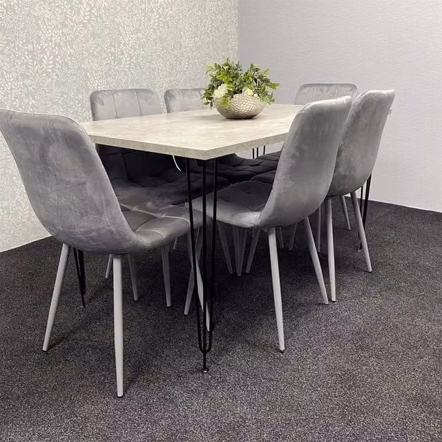 KOSY KOALA Modern Dining Table Set with 6 Grey Velvet Chairs in Brown and Black