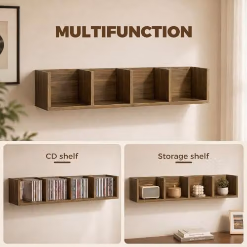 HOMCOM Wall-Mounted Wooden Media Storage Display Shelf in Brown – 4