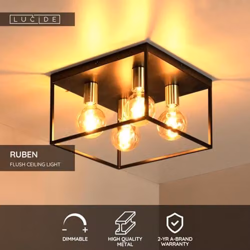 Lucide Ruben Black Metal Flush Ceiling Light with 4 x E27 Sockets – 2