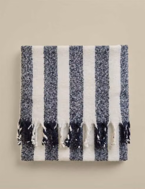 M&S Blue Striped Faux Mohair Throw with Fringes