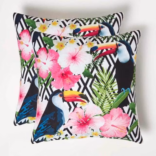 Homescapes Tropical Toucan Outdoor Cushion Set of 2, Pink and Black, W/D/H: 45 x 45 x 45 cm