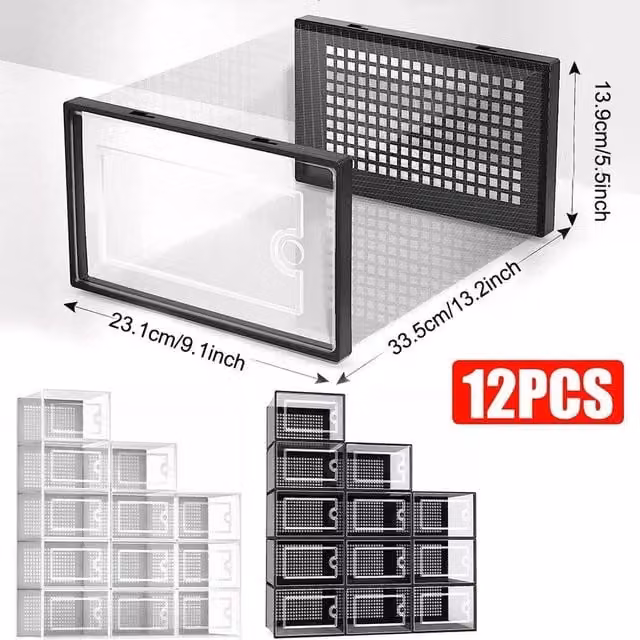 NESTLUNE 12 Pack Stackable and Foldable Black and Transparent Plastic Trainer Organisers – 1