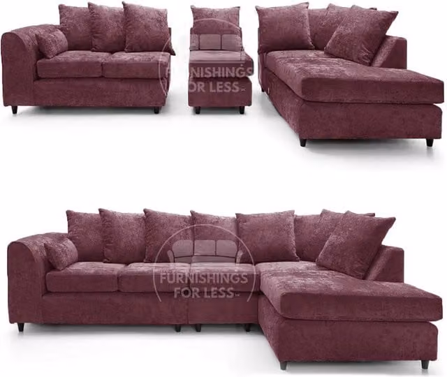 Furnishings For Less UK Monaco Large 5 Seater L Shaped Corner Sofa in Purple Chenille Fabric, Right Hand Facing