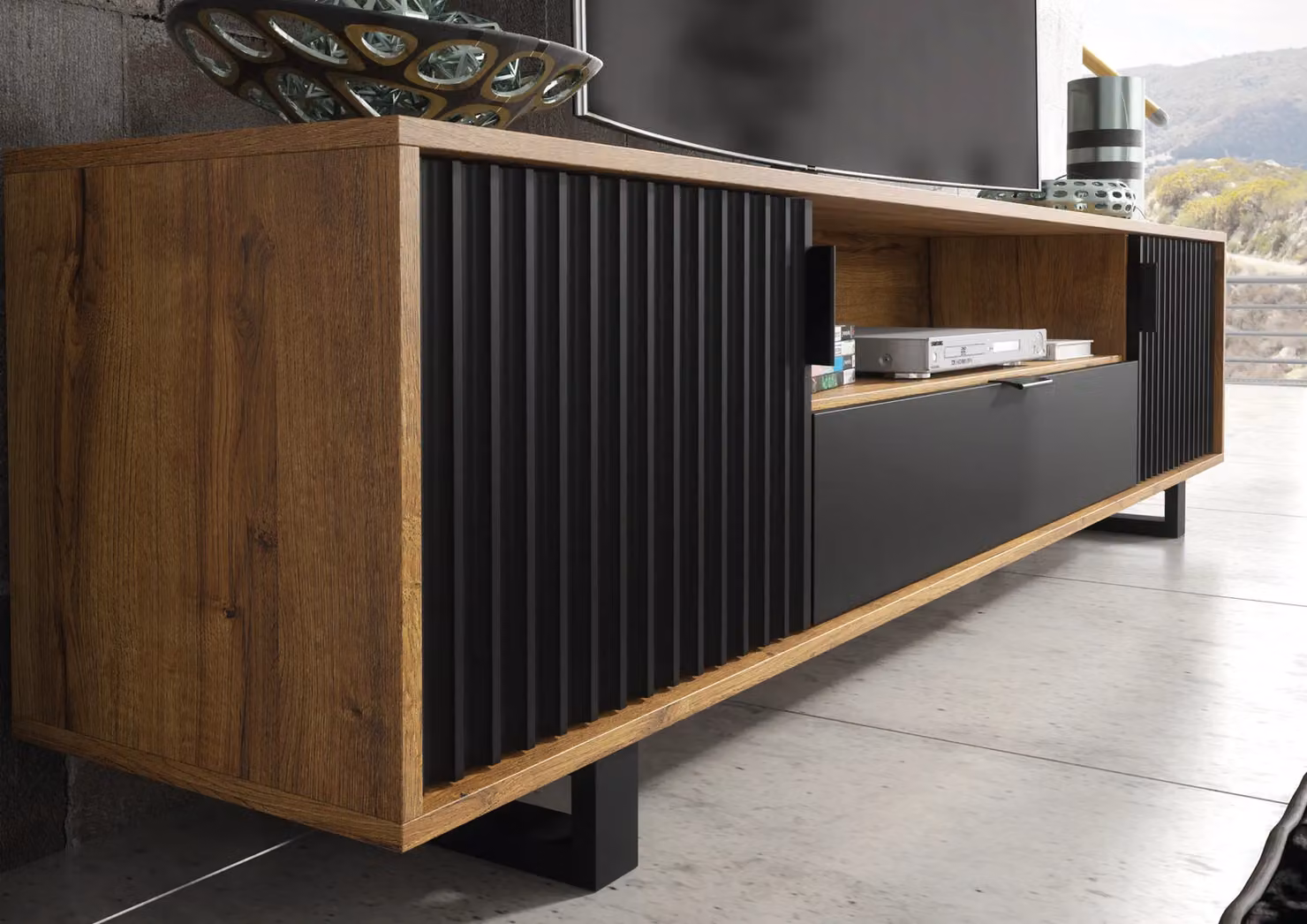 Creative Furniture Blackridge TV Unit in Brown and Black with Dark Oak Body and Matte Fluted Fronts, W: 200 cm, H: 45 cm, D: 35 cm – 3